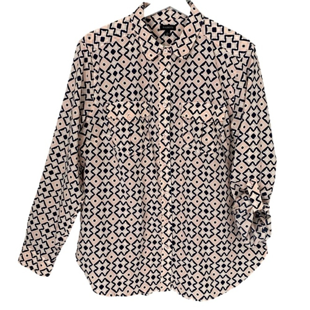 TALBOTS Shirt Button Up Long Sleeve Pink White Black Print Women Size L